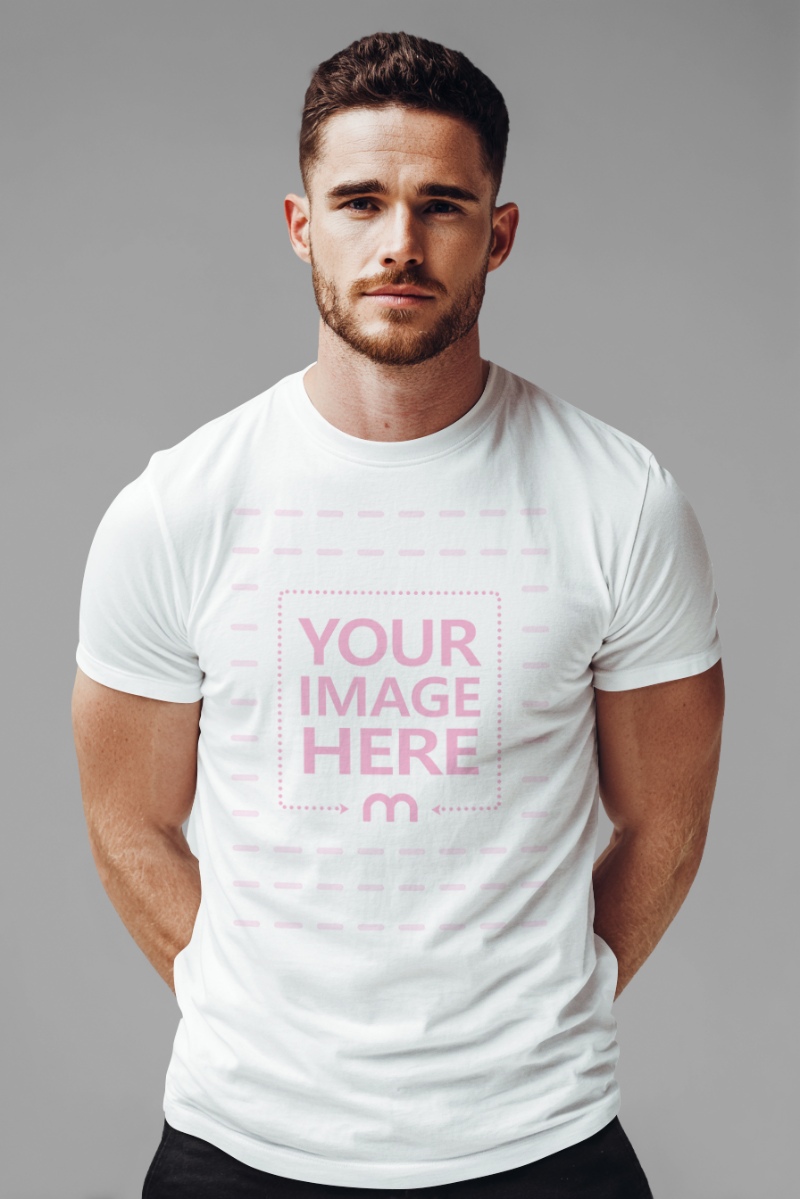 T-Shirt Mockup with Cool Man in a Gray Minimalist Studio Setting preview image