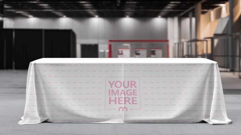 Table Cloth Mockup Draped on Long Table in Room with Ceiling Lights preview image