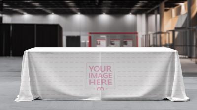 Table Cloth Mockup Draped on Long Table in Room with Ceiling Lights