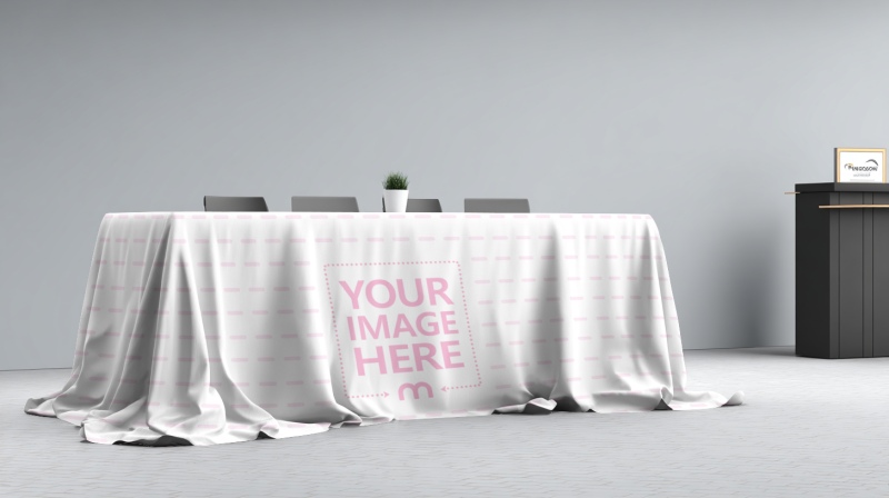 Table Cloth Mockup on Long Table with Podium and Four Chairs preview image