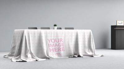 Table Cloth Mockup on Long Table with Podium and Four Chairs