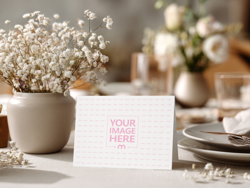 Name Card Mockup Displayed on Tabletop with Plates and Cutlery preview image