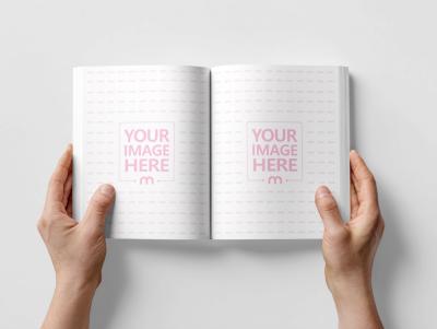 Open Book Page Mockup in Hands on Clean White Background Scene