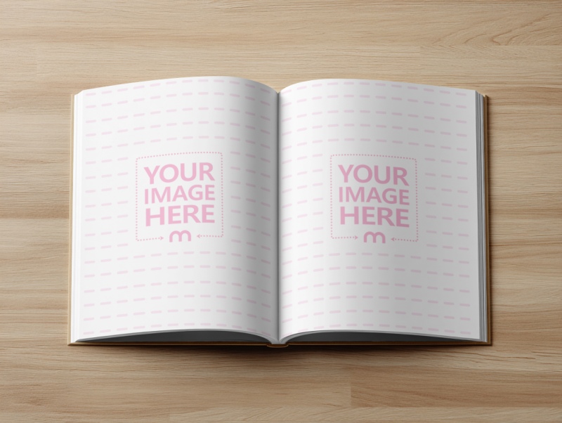 Open Page Book Mockup on Wooden Surface Top View preview image