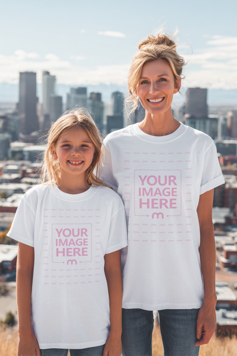 Mother and Daughter T-Shirt Mockup with Urban City Background preview image