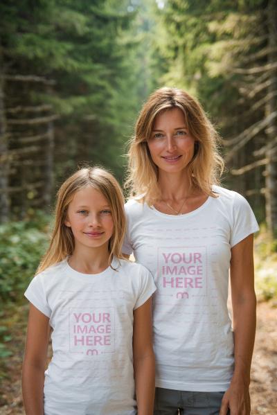 Mother and Daughter T-Shirt Mockup with Nature as Background