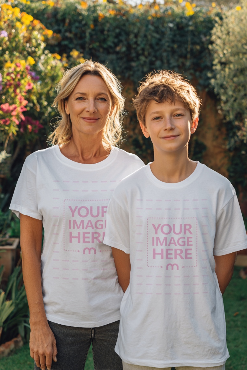 Mother and Son T-Shirt Mockup in Cozy Outdoor Family Vibe preview image