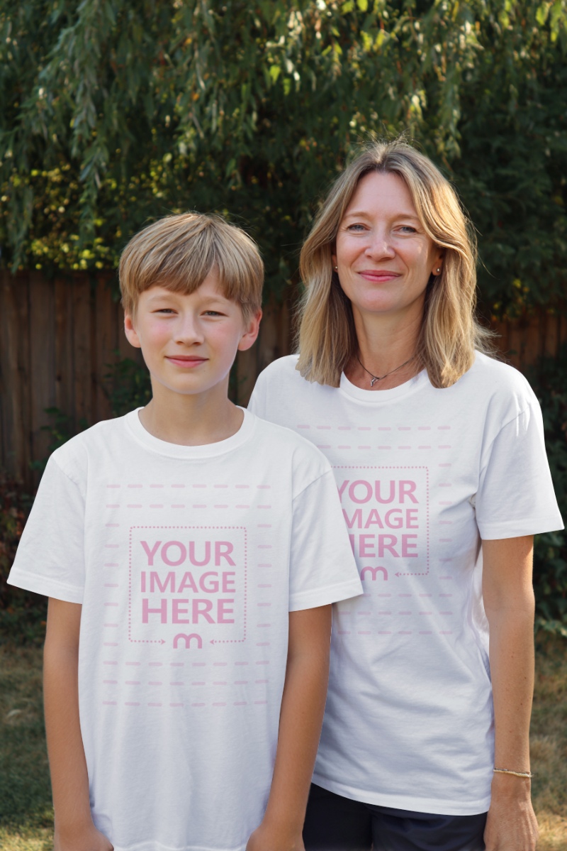 Mother and Son T-Shirt Mockup in Home Garden Family Atmosphere preview image