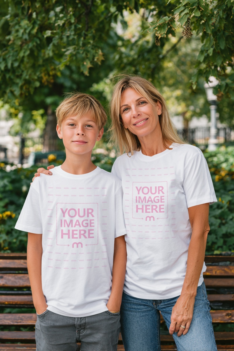 Mother and Son T-Shirt Mockup at Park with Open Green Nature preview image
