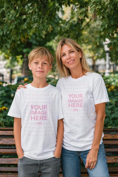 Mother and Son T-Shirt Mockup at Park with Open Green Nature