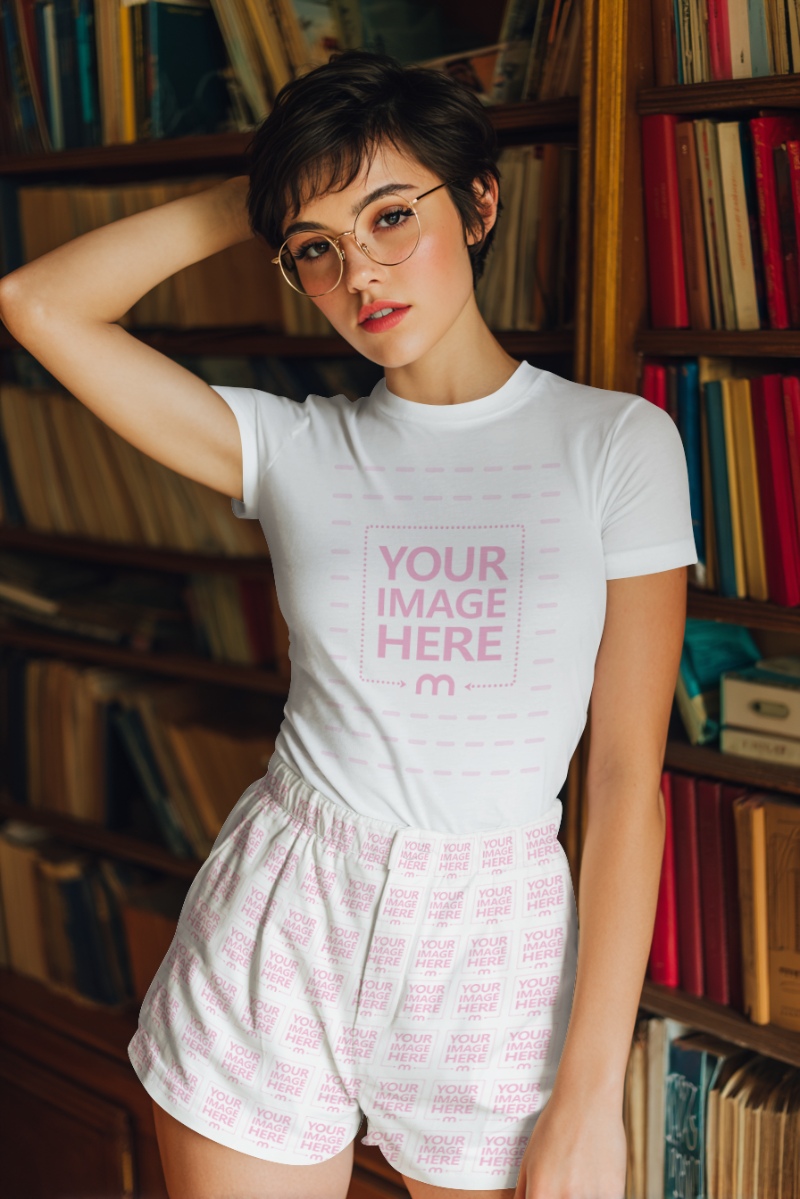 T-Shirt and Pants Mockup with Woman in Glasses in Library preview image