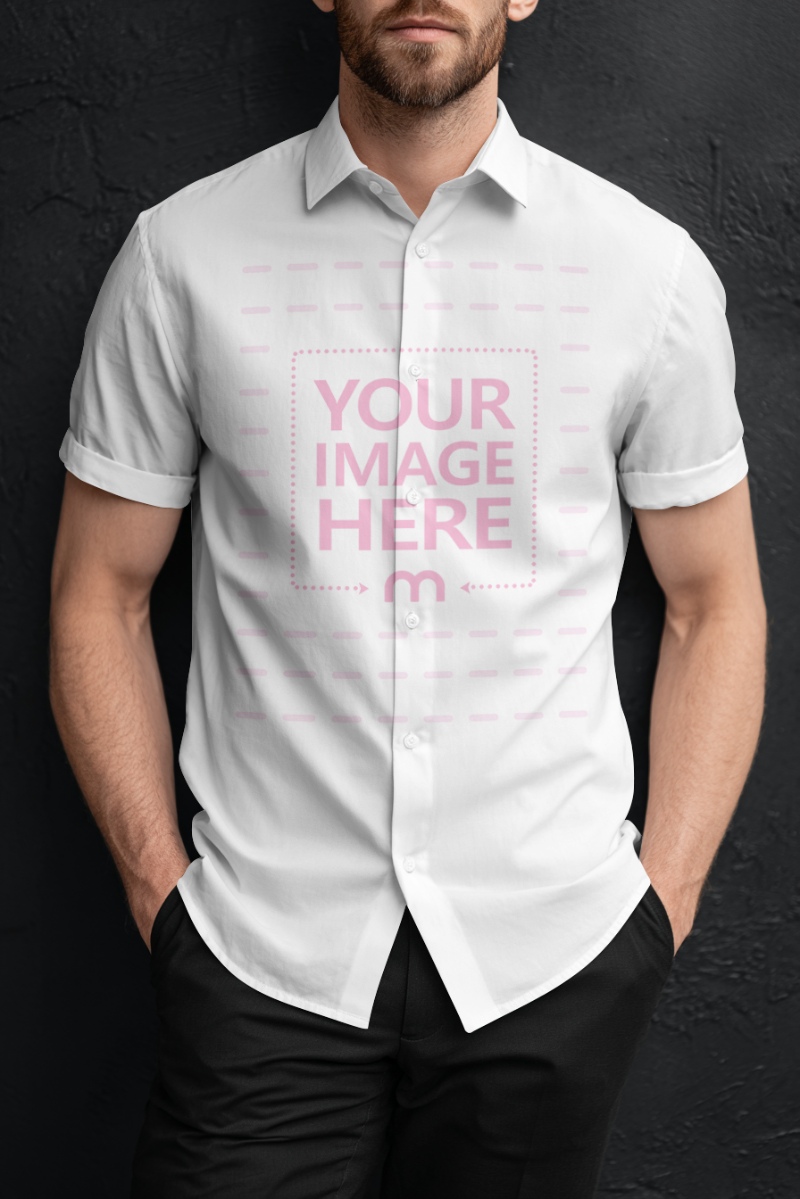 Buttoned Shirt Mockup with Man Against Black Background preview image