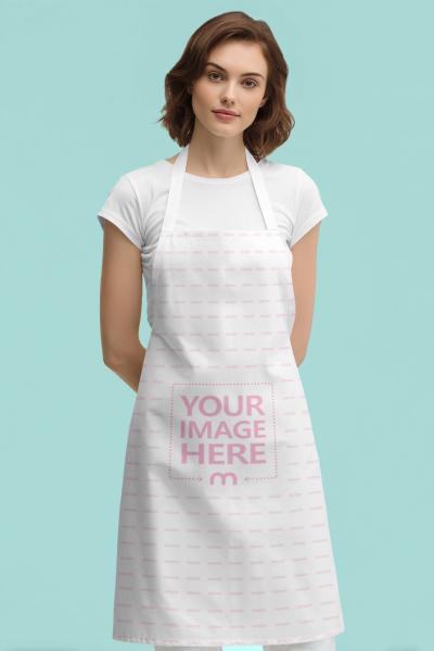 Apron Mockup with Female Chef in Minimal Cyan Background