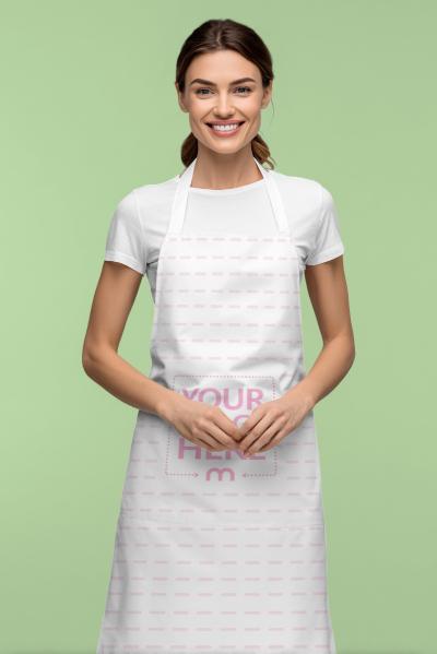 Apron Mockup with Smiling Woman in Light Green Studio Scene