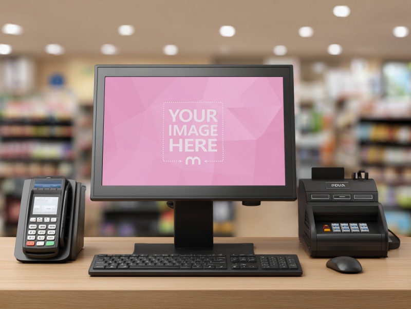 POS Monitor Mockup in Retail Checkout Scene preview image