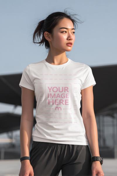 T-Shirt Mockup with Asian Woman Posing in Urban Background