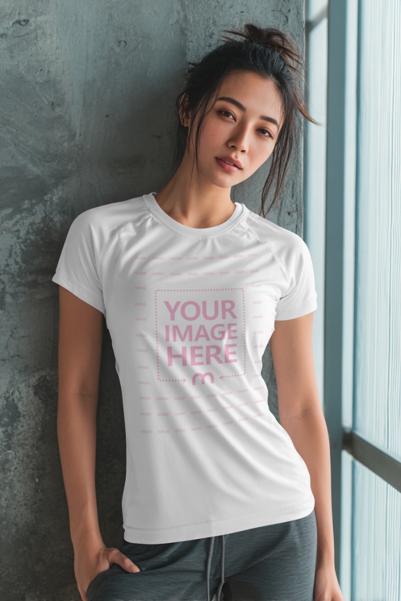 T-Shirt Mockup with Asian Woman in Indoor Minimal Scene preview image