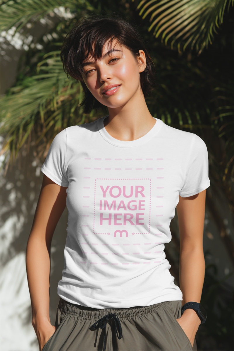 T-Shirt Mockup with Smiling Asian Woman Outdoors preview image