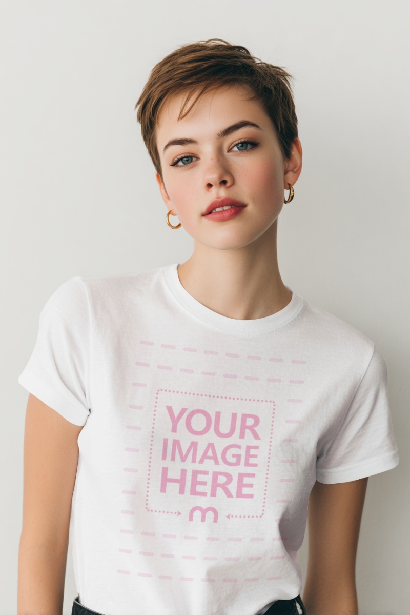 T-Shirt Mockup with Short Haired Woman and Soft Light preview image
