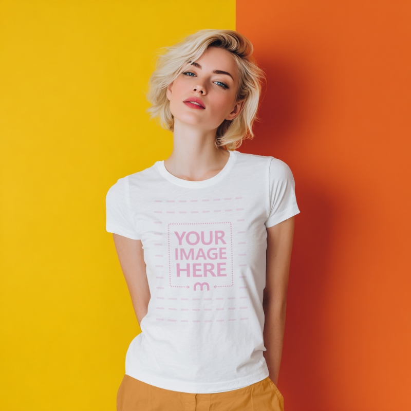 T-Shirt Mockup with Female Model in Orange-Yellow Wall Background preview image
