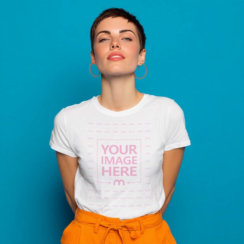 T-Shirt Mockup with Woman in Blue Minimal Background preview image