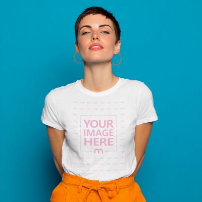 T-Shirt Mockup with Woman in Blue Minimal Background