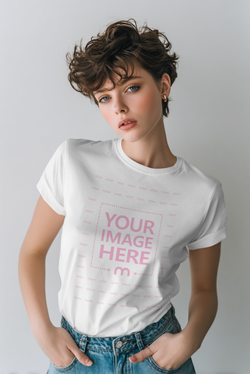 T-Shirt Mockup with Short Haired Woman in Gray Studio preview image