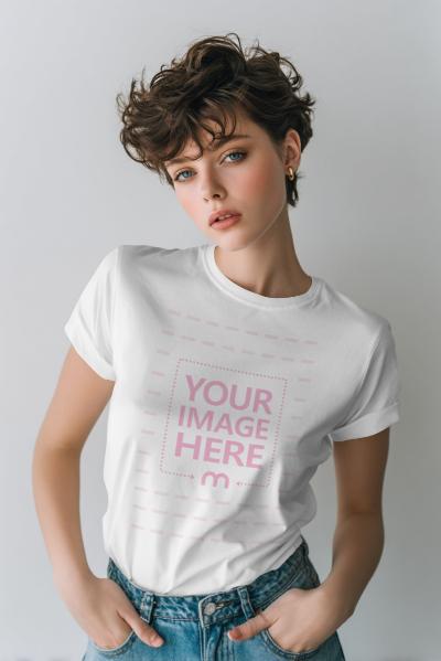 T-Shirt Mockup with Short Haired Woman in Gray Studio