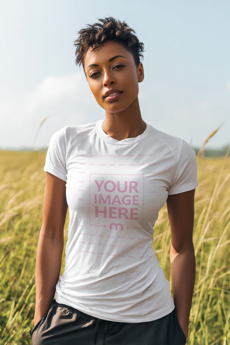 T-Shirt Mockup with African Woman in Outdoor Nature preview image