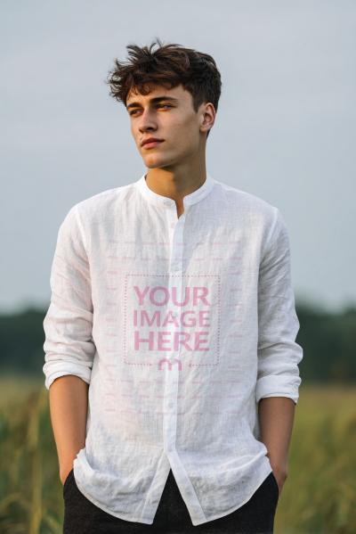 Collared Shirt Mockup with Male Model in Outdoor Grassland