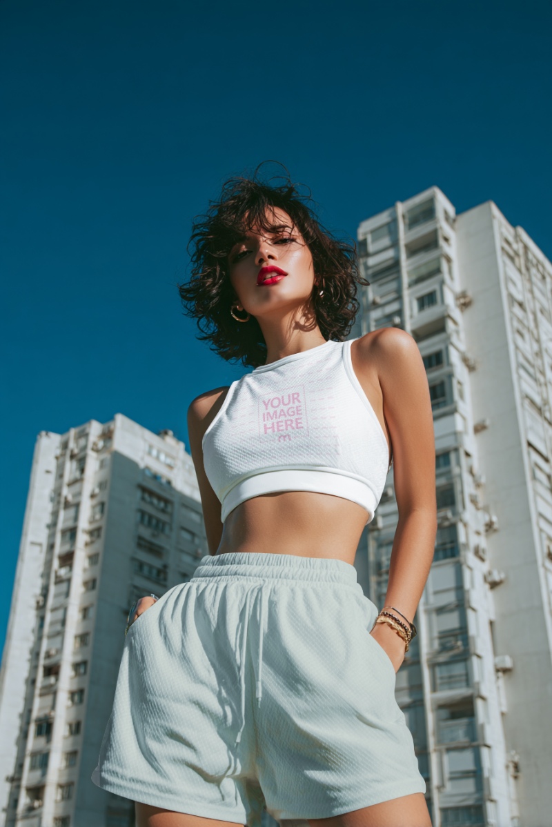 Crop Top Mockup with Curly-Haired Woman in Outdoor preview image