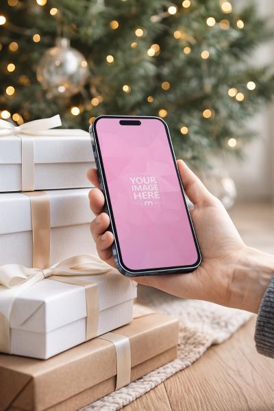 iPhone Mockup in Hand with Christmas Lights and Cozy Holiday Ambience