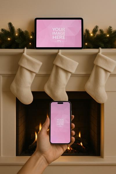 Tablet and iPhone Mockup Near Fireplace with Festive Holiday Decor