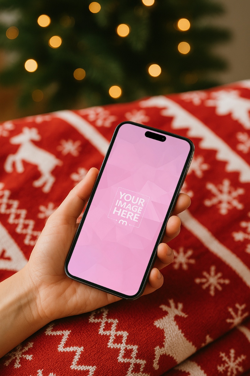 Smartphone Screen Mockup with Red Cloth and Bokeh Christmas Tree preview image