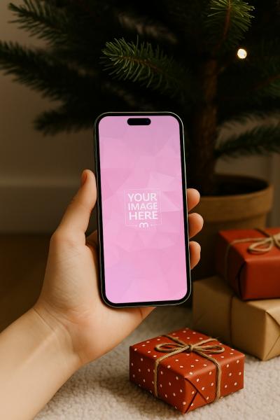iPhone Screen Mockup with Gift Box Display and Tree in the Background