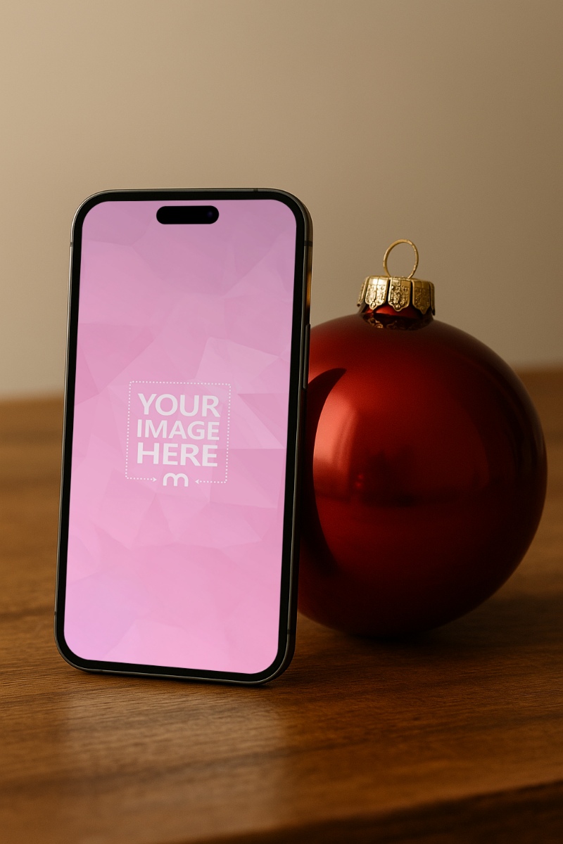 iPhone Screen Mockup on Wooden Table with Red Christmas Ornament preview image