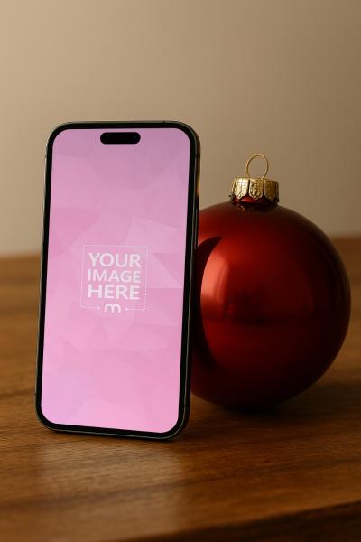iPhone Screen Mockup on Wooden Table with Red Christmas Ornament