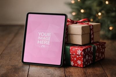 Tablet Screen Mockup Leaning on Gift Boxes in a Festive Christmas Scene