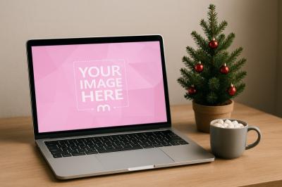 Laptop Screen Mockup on Wooden Table with Holiday Décor