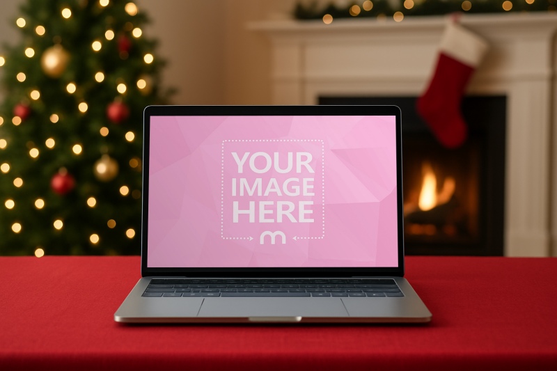 Laptop Screen Mockup on Red Table with Christmas Decor and Soft Lights preview image