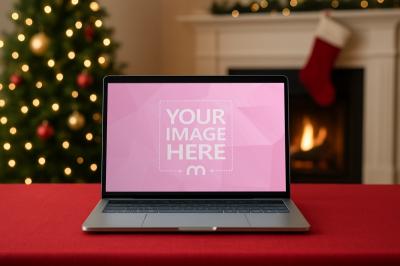 Laptop Screen Mockup on Red Table with Christmas Decor and Soft Lights
