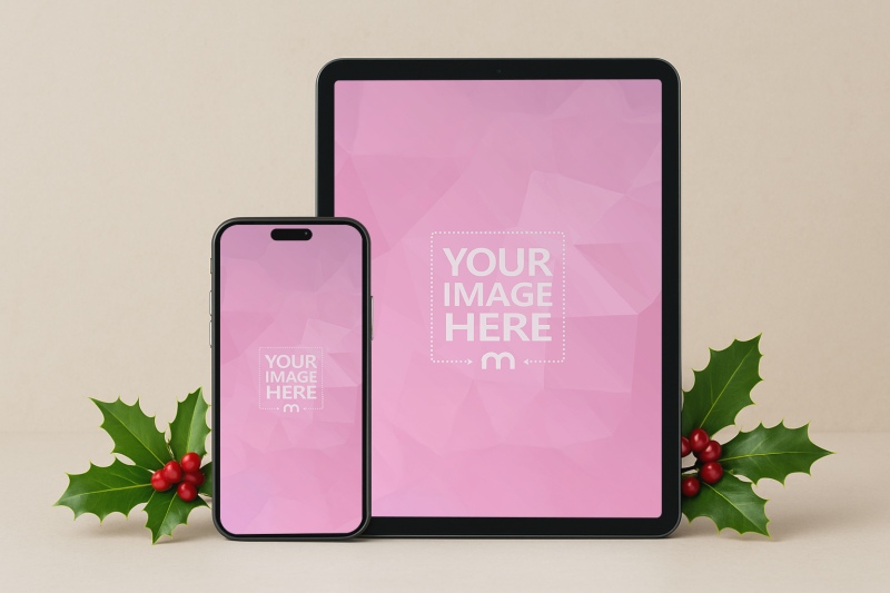 Tablet and Phone Mockup with Minimal Plants in Clean Studio Setup preview image