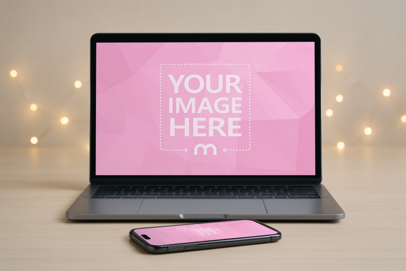 Laptop and Phone Mockup in Bright Tidy Workspace with Minimal Aesthetic preview image
