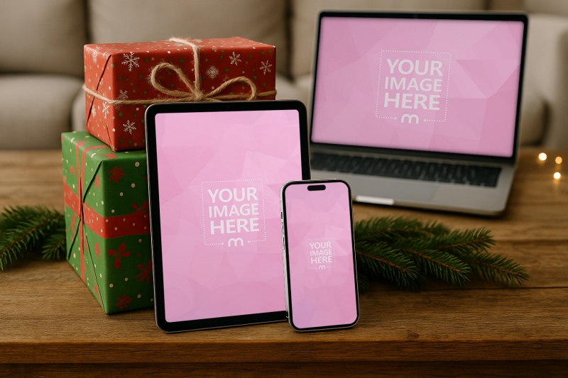 iPhone, Tablet and Laptop Mockup on Table with Holiday Gift Box Surroundings preview image