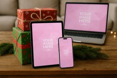 iPhone, Tablet and Laptop Mockup on Table with Holiday Gift Box Surroundings