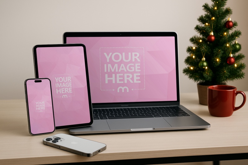 iPhone, Tablet and Laptop Mockup on Table with Christmas Themed Background preview image