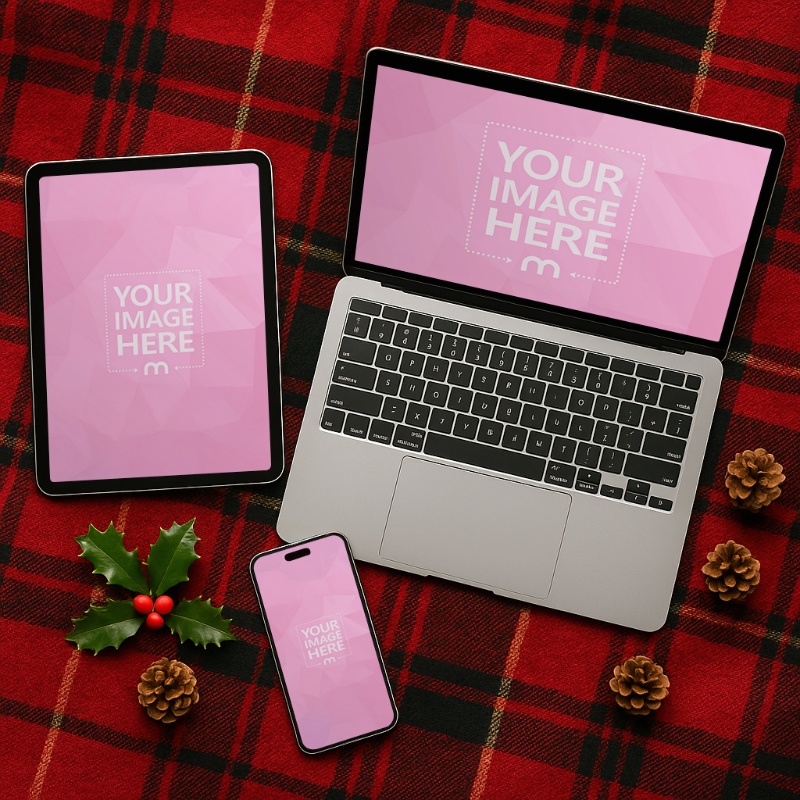 iPhone, Laptop and Tablet Mockup on Red Cloth with Tree and Holiday Décor preview image