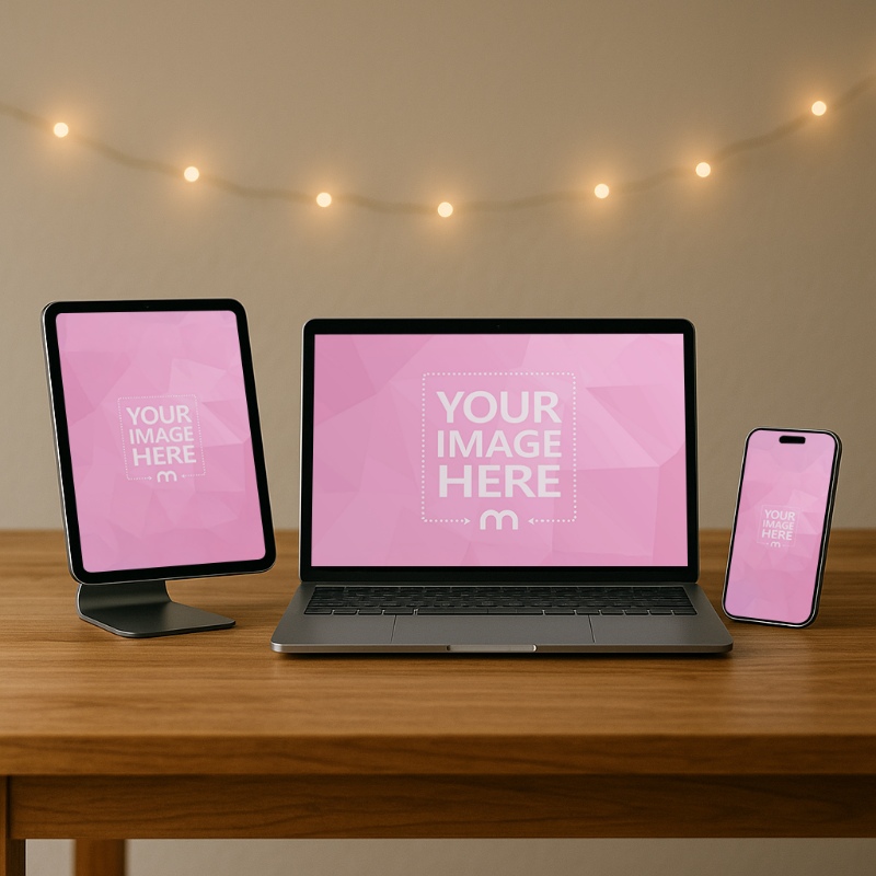 iPhone, Tablet and Laptop Mockup on Wooden Table with Warm Lamp Setting preview image