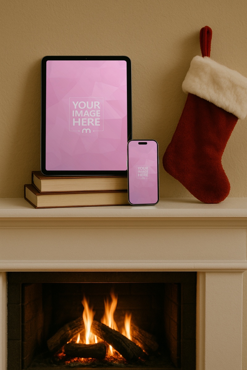 Phone and Tablet Mockup on Fireplace with Red Christmas Designs preview image