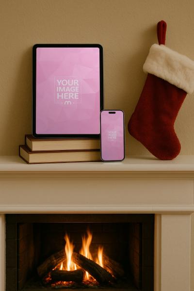 Phone and Tablet Mockup on Fireplace with Red Christmas Designs